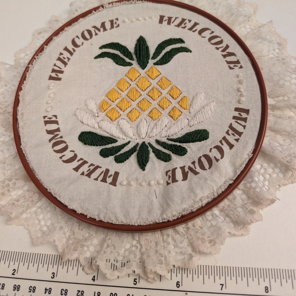 Vtg Completed Handmade Welcome Pineapple Candle wicking Embroidery in hoop